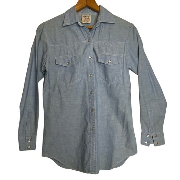 VTG 80s Daddy's Money California Sz Small Blue Chambray Pearl Snap Western Shirt - Picture 1 of 8